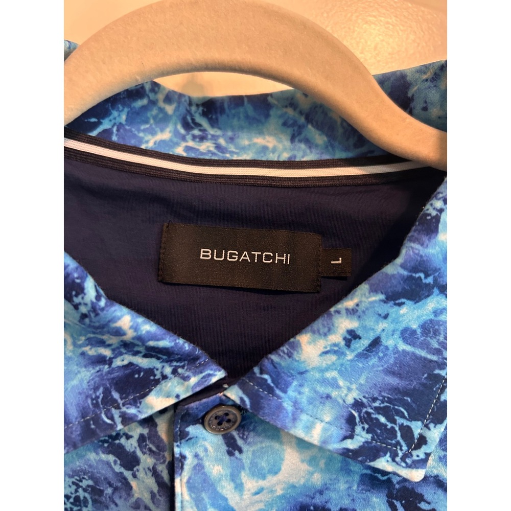 Bugatchi Mens Size L Blue Ocean Wave Print Mercerized Cotton Polo Shirt - Picture 3 of 6